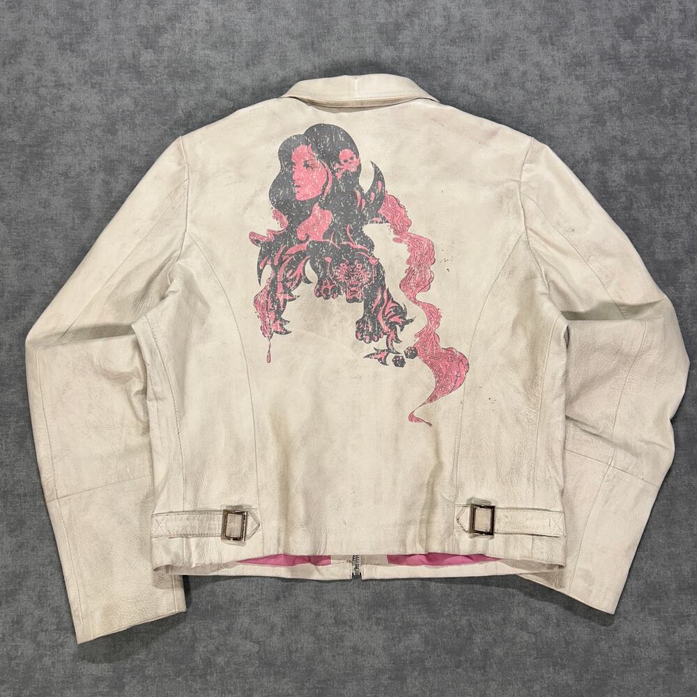 Vintage Wilsons Leather Maxima White Leather Moto Jacket Pink Lined Graphic Y2K